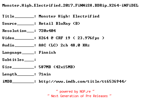 NFO for the release Monster.High.Electrified.2017.FiNNiSH.BDRip.X264-iNFiDEL by iNFiDEL