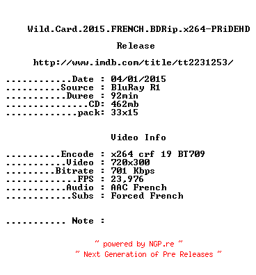 NFO for the release Wild.Card.2015.FRENCH.BDRip.x264-PRiDEHD by PRiDEHD