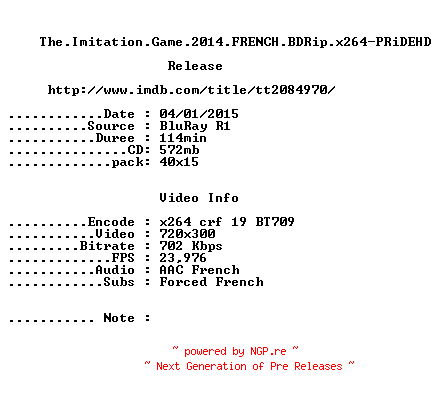 NFO for the release The.Imitation.Game.2014.FRENCH.BDRip.x264-PRiDEHD by PRiDEHD
