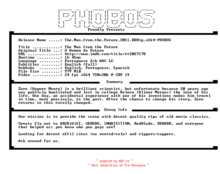 NFO for the release The.Man.from.the.Future.2011.BDRip.x264-PHOBOS by PHOBOS
