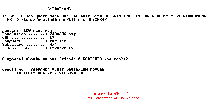 NFO for the release Allan.Quatermain.And.The.Lost.City.Of.Gold.1986.iNTERNAL.BDRip.x264-LiBRARiANS by LiBRARiANS