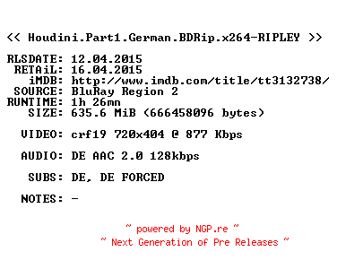 NFO for the release Houdini.Part1.German.BDRip.x264-RIPLEY by RIPLEY
