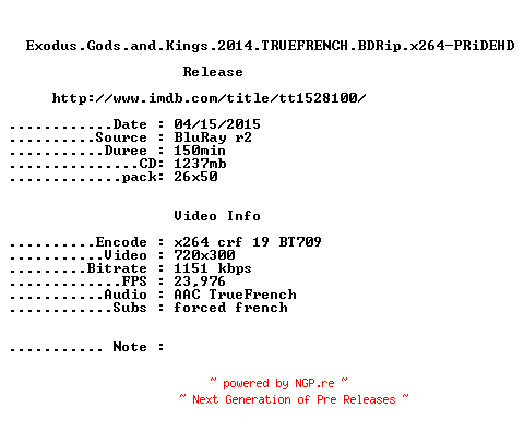 NFO for the release Exodus.Gods.and.Kings.2014.TRUEFRENCH.BDRip.x264-PRiDEHD by PRiDEHD