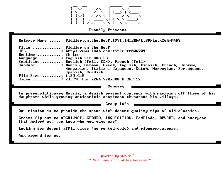 NFO for the release Fiddler.on.the.Roof.1971.iNTERNAL.BDRip.x264-MARS by MARS