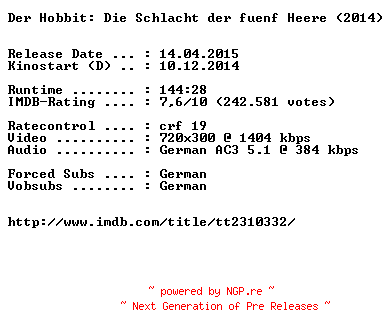 NFO for the release Der.Hobbit.Die.Schlacht.der.fuenf.Heere.German.BDRiP.x264-EXQUiSiTE by EXQUiSiTE