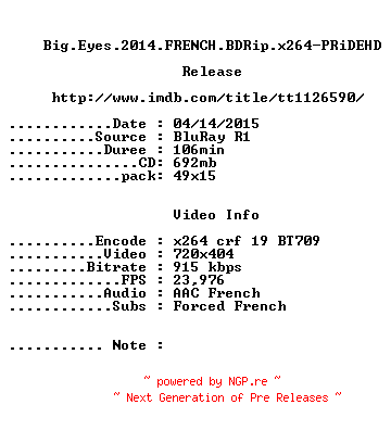 NFO for the release Big.Eyes.2014.FRENCH.BDRip.x264-PRiDEHD by PRiDEHD