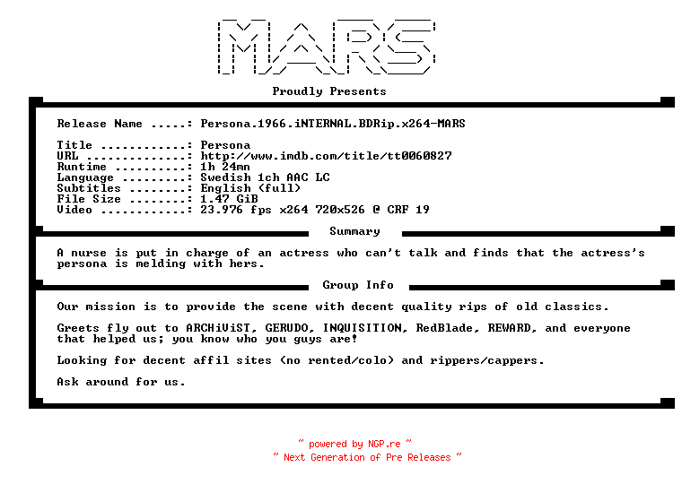 NFO for the release Persona.1966.iNTERNAL.BDRip.x264-MARS by MARS