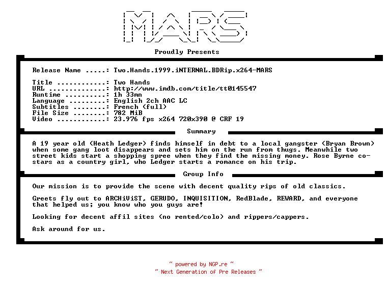 NFO for the release Two.Hands.1999.iNTERNAL.BDRip.x264-MARS by MARS