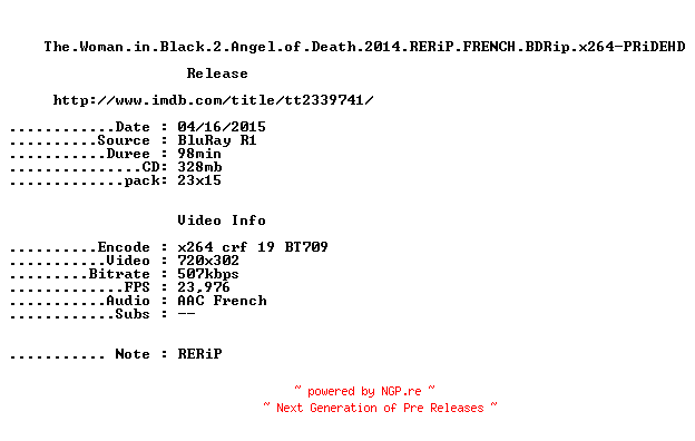 NFO for the release The.Woman.in.Black.2.Angel.of.Death.2014.RERiP.FRENCH.BDRip.x264-PRiDEHD by PRiDEHD