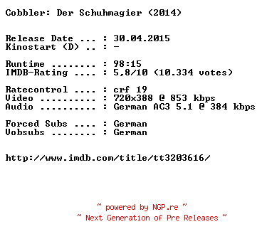 NFO for the release Cobbler.Der.Schuhmagier.German.2014.BDRiP.x264-EXQUiSiTE by EXQUiSiTE