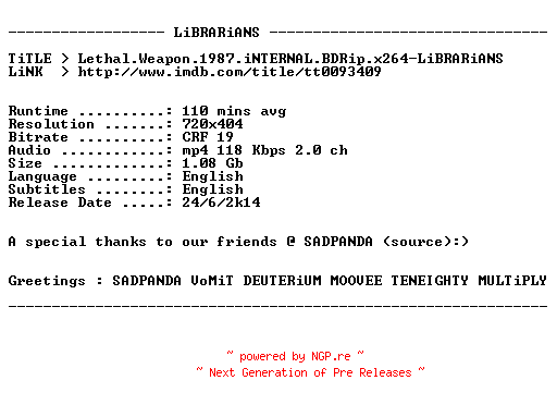 NFO for the release Lethal.Weapon.1987.iNTERNAL.BDRip.x264-LiBRARiANS by LiBRARiANS