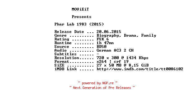 NFO for the release Phar.Lab.GERMAN.1983.AC3.BDRip.x264-MOViEiT by MOViEiT