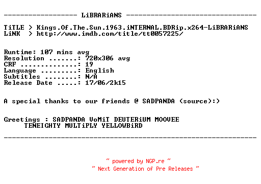 NFO for the release Kings.Of.The.Sun.1963.iNTERNAL.BDRip.x264-LiBRARiANS by LiBRARiANS