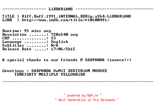 NFO for the release Riff.Raff.1991.iNTERNAL.BDRip.x264-LiBRARiANS by LiBRARiANS