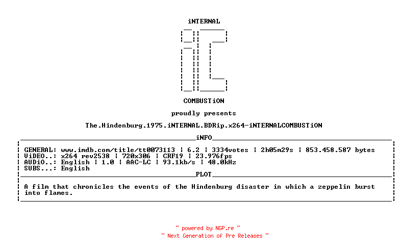 NFO for the release The.Hindenburg.1975.iNTERNAL.BDRip.x264-iNTERNALCOMBUSTiON by iNTERNALCOMBUSTiON