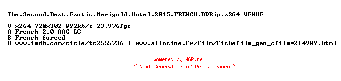 NFO for the release The.Second.Best.Exotic.Marigold.Hotel.2015.FRENCH.BDRip.x264-VENUE by VENUE