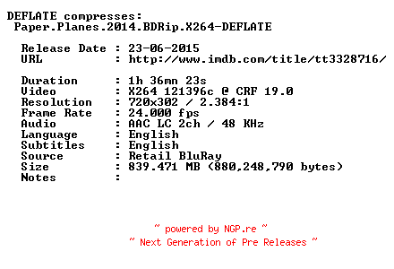 NFO for the release Paper.Planes.2014.BDRip.X264-DEFLATE by DEFLATE