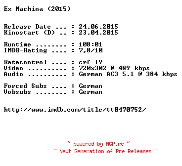 NFO for the release Ex.Machina.German.2015.AC3.BDRiP.x264-EXQUiSiTE by EXQUiSiTE