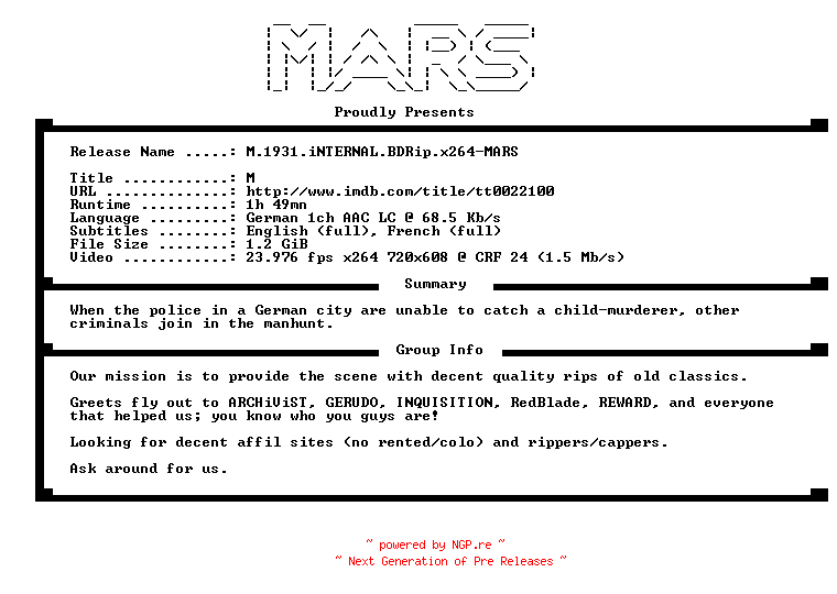 NFO for the release M.1931.iNTERNAL.BDRip.x264-MARS by MARS