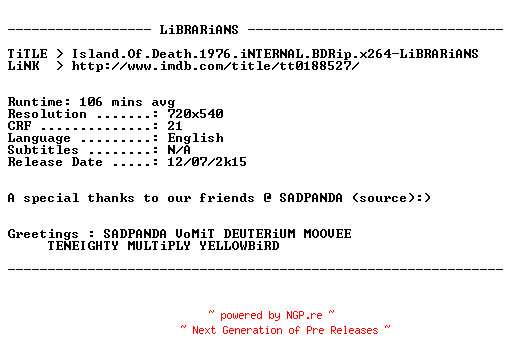 NFO for the release Island.Of.Death.1976.iNTERNAL.BDRip.x264-LiBRARiANS by LiBRARiANS