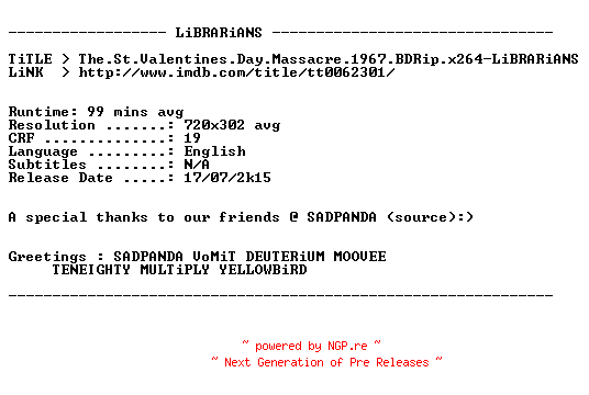 NFO for the release The.St.Valentines.Day.Massacre.1967.BDRip.x264-LiBRARiANS by LiBRARiANS