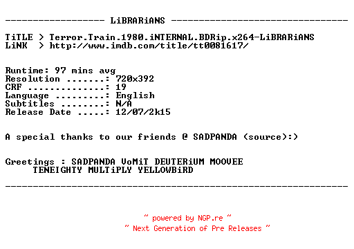 NFO for the release Terror.Train.1980.iNTERNAL.BDRip.x264-LiBRARiANS by LiBRARiANS