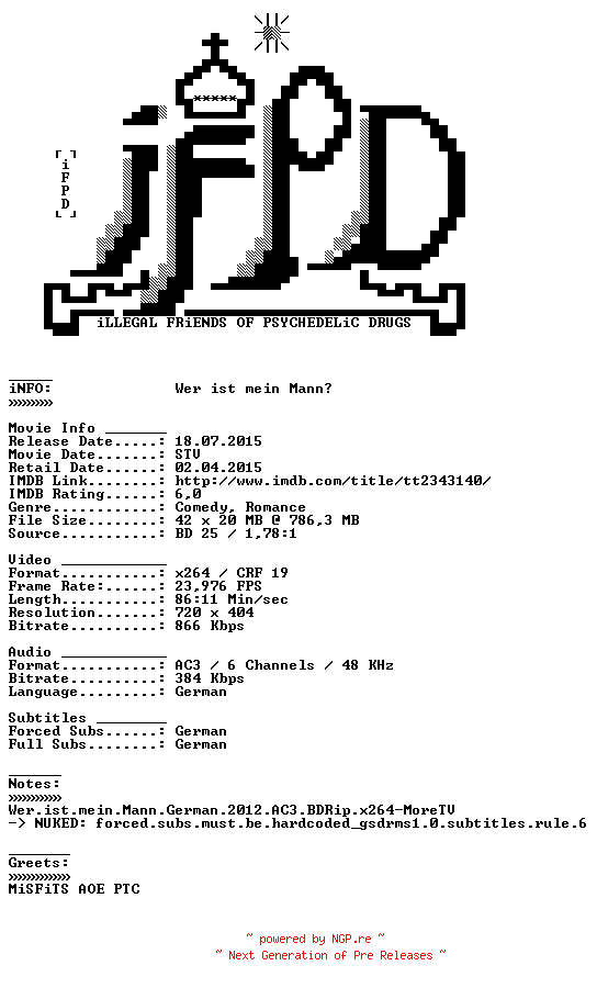 NFO for the release Wer.ist.mein.Mann.German.2012.AC3.BDRiP.x264.PROPER-iFPD by iFPD