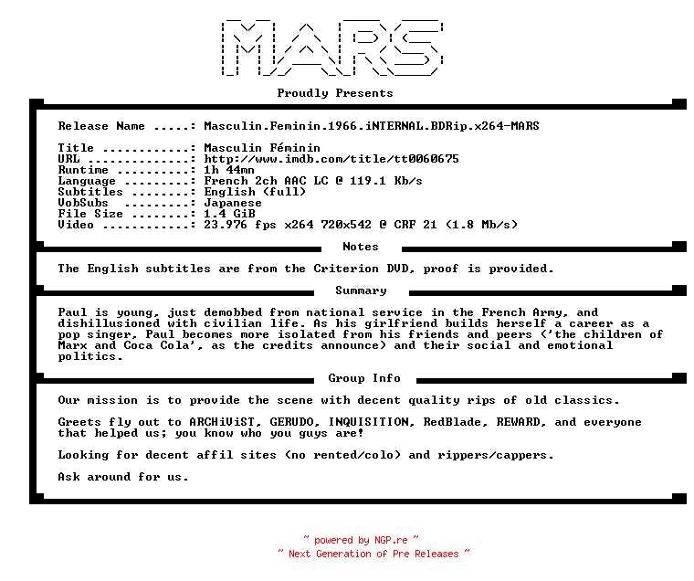 NFO for the release Masculin.Feminin.1966.iNTERNAL.BDRip.x264-MARS by MARS