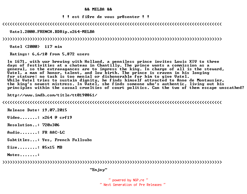NFO for the release Vatel.2000.FRENCH.BDRip.x264-MELBA by MELBA