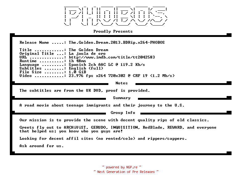 NFO for the release The.Golden.Dream.2013.BDRip.x264-PHOBOS by PHOBOS