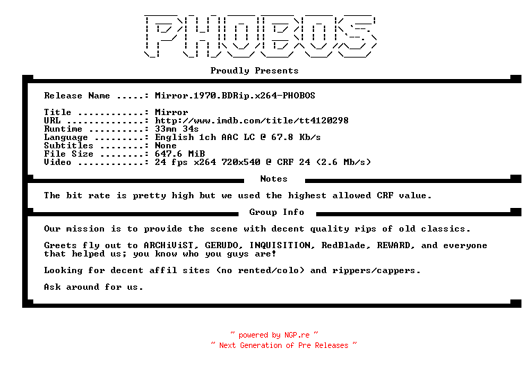 NFO for the release Mirror.1970.BDRip.x264-PHOBOS by PHOBOS