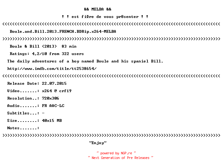 NFO for the release Boule.and.Bill.2013.FRENCH.BDRip.x264-MELBA by MELBA
