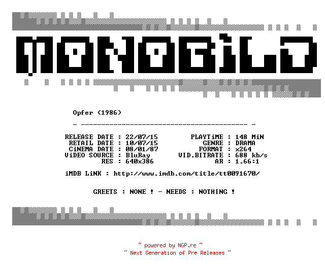 NFO for the release Opfer.1986.German.BDRip.x264-MONOBiLD by MONOBiLD