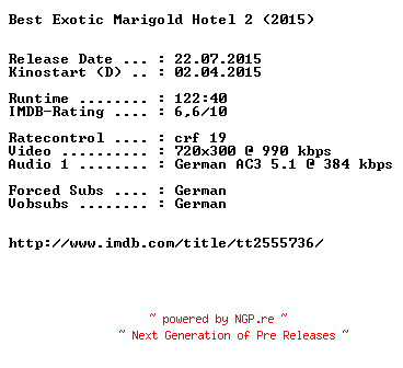NFO for the release Best.Exotic.Marigold.Hotel.2.German.2015.AC3.BDRiP.x264-EXQUiSiTE by EXQUiSiTE
