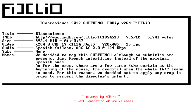 NFO for the release Blancanieves.2012.SUBFRENCH.BDRip.x264-FiDELiO by FiDELiO