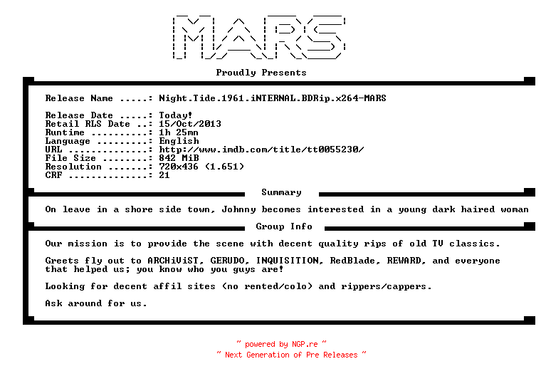 NFO for the release Night.Tide.1961.iNTERNAL.BDRip.x264-MARS by MARS