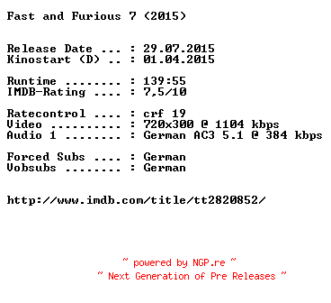 NFO for the release Fast.and.Furious.7.EXTENDED.German.2015.AC3.BDRiP.x264-EXQUiSiTE by EXQUiSiTE