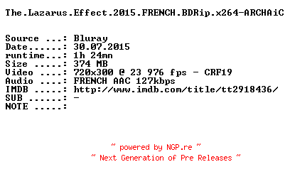 NFO for the release The.Lazarus.Effect.2015.FRENCH.BDRip.x264-ARCHAiC by ARCHAiC