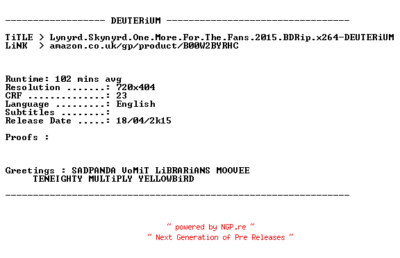 NFO for the release Lynyrd.Skynyrd.One.More.For.The.Fans.2015.BDRip.x264-DEUTERiUM by DEUTERiUM