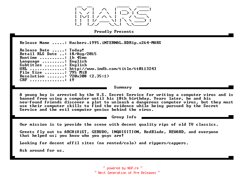 NFO for the release Hackers.1995.iNTERNAL.BDRip.x264-MARS by MARS