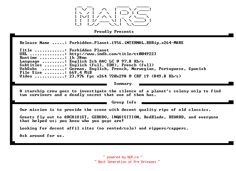 NFO for the release Forbidden.Planet.1956.iNTERNAL.BDRip.x264-MARS by MARS