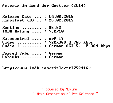 NFO for the release Asterix.im.Land.der.Goetter.German.2014.AC3.BDRiP.x264-EXQUiSiTE by EXQUiSiTE
