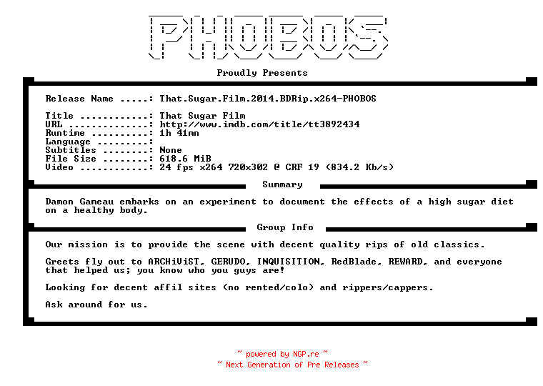 NFO for the release That.Sugar.Film.2014.BDRip.x264-PHOBOS by PHOBOS