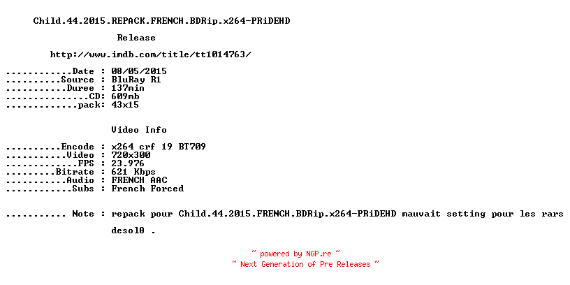NFO for the release Child.44.2015.REPACK.FRENCH.BDRip.x264-PRiDEHD by PRiDEHD