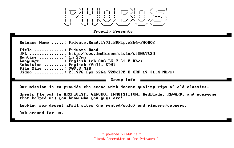 NFO for the release Private.Road.1971.BDRip.x264-PHOBOS by PHOBOS