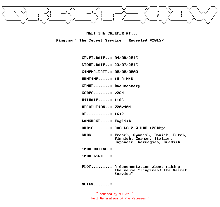 NFO for the release Kingsman.The.Secret.Service.Revealed.2015.BDRiP.x264-CREEPSHOW by CREEPSHOW