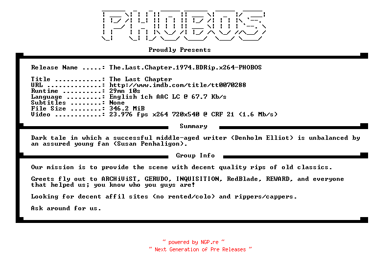 NFO for the release The.Last.Chapter.1974.BDRip.x264-PHOBOS by PHOBOS