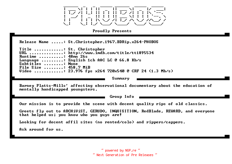 NFO for the release St.Christopher.1967.BDRip.x264-PHOBOS by PHOBOS