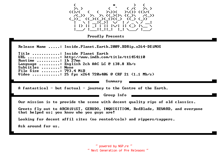 NFO for the release Inside.Planet.Earth.2009.BDRip.x264-DEiMOS by DEiMOS