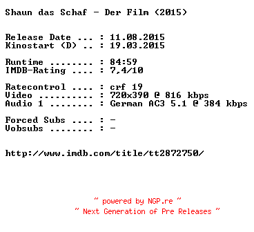 NFO for the release Shaun.das.Schaf.Der.Film.German.2015.AC3.BDRiP.x264-EXQUiSiTE by EXQUiSiTE